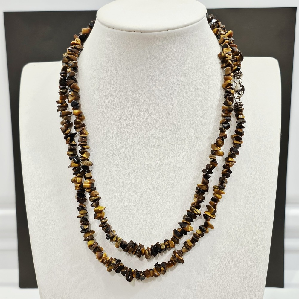 Vintage Tiger's Eye Chip Bead SX 925  Sterling Silver Clasp Necklace 40"